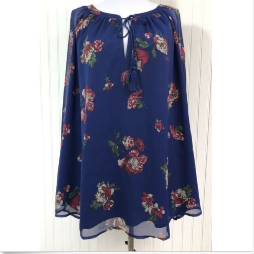 Lucky Brand Navy Blue Floral Peasant Blouse